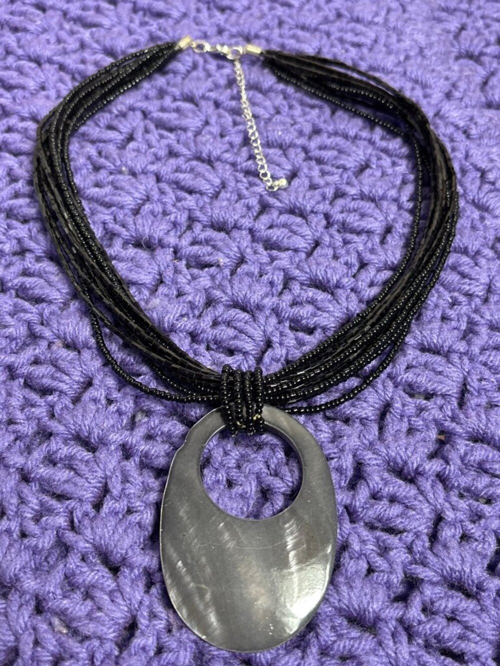Black Glass Seed Beaded Multi Strand Necklace Oval Shell Pendant 17 - 20 inches
